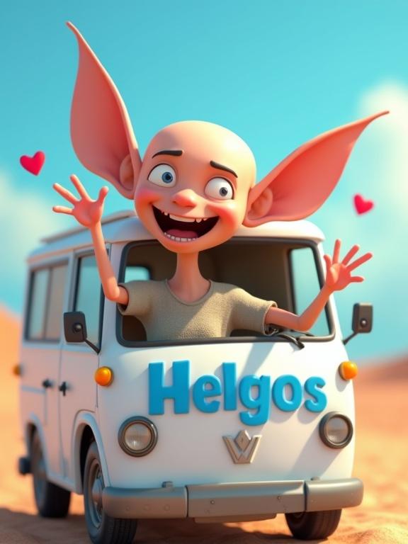 A joyful bald man with a skinny face and very large ears sits in a small white van. He waves happily with one hand and sends red heart emojis toward the camera with the other. The van has the word 'Helgos' in blue on the side. It's a sunny day with a blue sky. The scene is colorful and playful, with exaggerated proportions and vibrant lighting. The look is stylized 3D inspired.