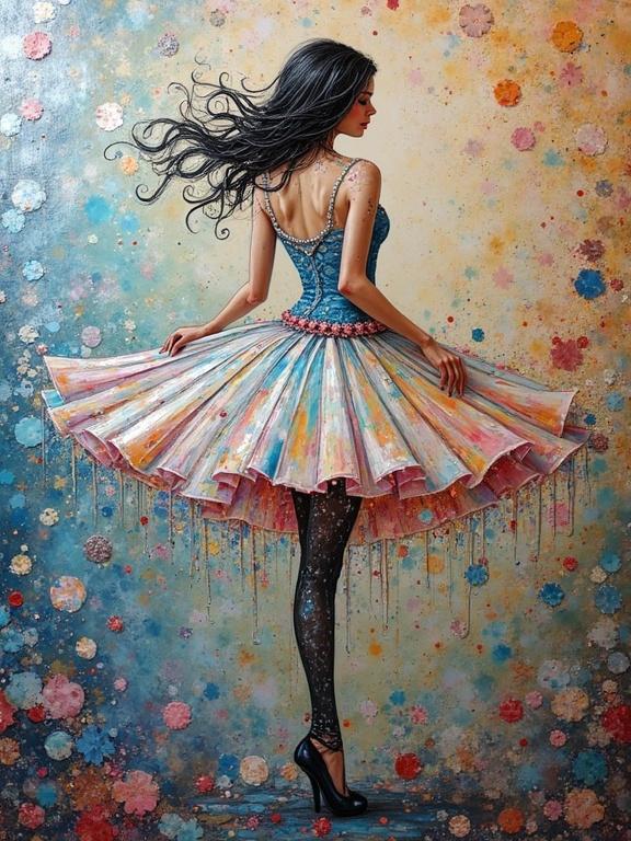 Colorful mixed media artwork of a ballerina. Ballerina stands in a vibrant dress. Dress features abstract patterns and splashes of color. Background is filled with bright splashes. Artistic representation of motion and grace.