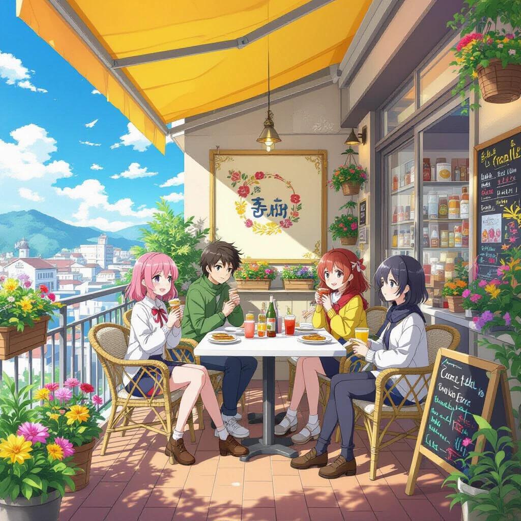 Four friends enjoying drinks at a balcony cafe. Bright and colorful flowers adorn the scene. Characters have diverse hairstyles and outfits. A picturesque town can be seen in the background, under a clear sky.