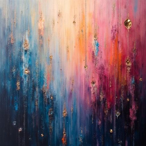 Muted colors dominate the canvas with a prismatic effect. Hard-edge painting technique used. Opulent shades blend together. Acrylic and gel medium create depth and texture.