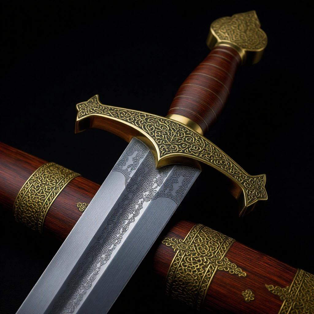 A detailed sword with ornate design. Includes a wooden handle with intricate patterns and a metallic blade with decorations. The sword is highlighted on a dark background.