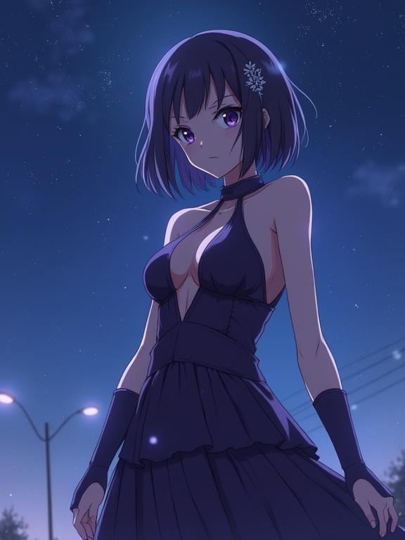 Anime lady wearing dark purple dress with halter neck design. Short dark violet hair with silver clip. Standing outdoors in Sakai Osaka. Night sky filled with stars. Pleated layered skirt and matching armbands. Exuding confidence. Gentle moonlight enhances the scene's romance. Focus on alluring figure and stunning backdrop.