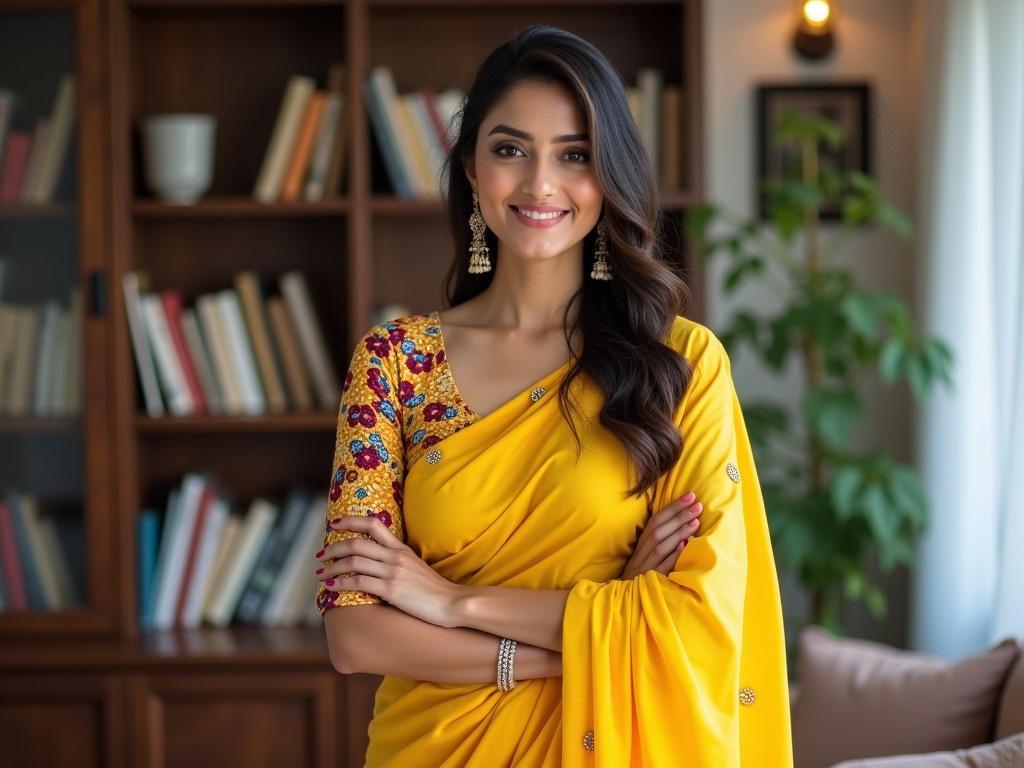 The image features a woman standing gracefully while dressed in a beautiful yellow saree. The saree has a subtle sheen and delicate polka dot patterns, adding elegance to her attire. She is posing with her arms crossed, showcasing the draping of the saree. The blouse of her saree is a bright, patterned fabric with a vibrant color mix, contrasting with the softness of the yellow saree. The background reveals a modern interior with bookshelves, indicating a cozy home setting.