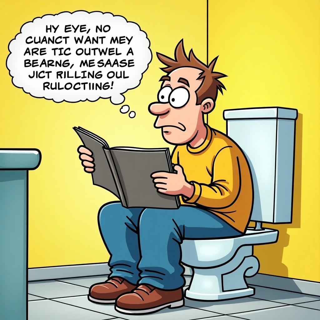 Cartoon character sitting on a toilet reading a book. The character looks concerned and frustrated. Speech bubble shows humorous text.