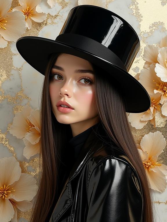 Portrait of a girl wearing a shiny black top hat. Long straight ashen hair cascades down. Background decorated with metallic flowers and abstract marble texture. The artwork features warm gold and cold white tones. Soft lighting enhances the shine and details.