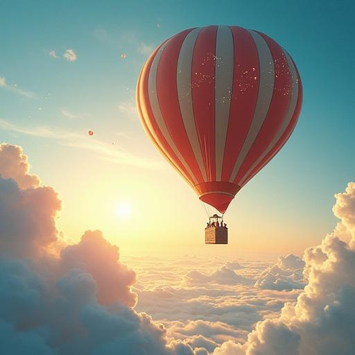 Hot air balloon in the sky above clouds. Background of soft sunrise colors with hints of pink and orange. Suggests elegance and magic of flight. Perfect for a gift certificate layout.