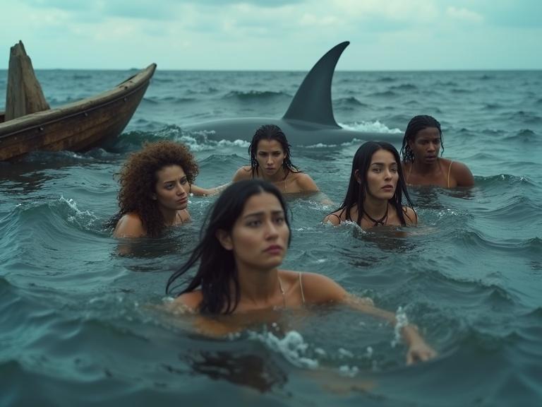 Group of adults in ocean expressing distress. Large shark circling nearby. Dorsal fin above dark waves. People trying to stay calm together. Broken wooden boat pieces floating. Overcast sky and restless sea. Dramatic mood with reflections and textures.