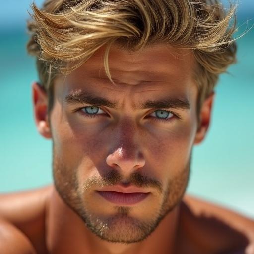 A medium close up hyperrealistic image of a handsome muscular young man with tousled hair and tan skin. He has bright blue eyes and is in an outdoor setting. The background is softly blurred. The man has a diamond shaped face with high cheekbones, a defined jawline, and neat stubble. His hair is thick, golden-blonde, and styled in soft layered waves. He has a steady gaze and an air of self-assurance.