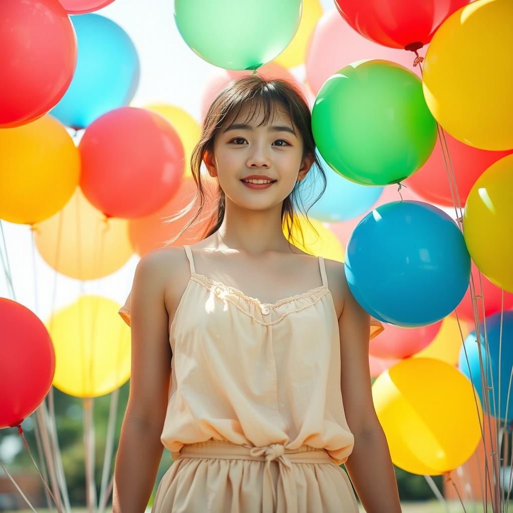 A young person standing amidst a cluster of colorful balloons outdoors.