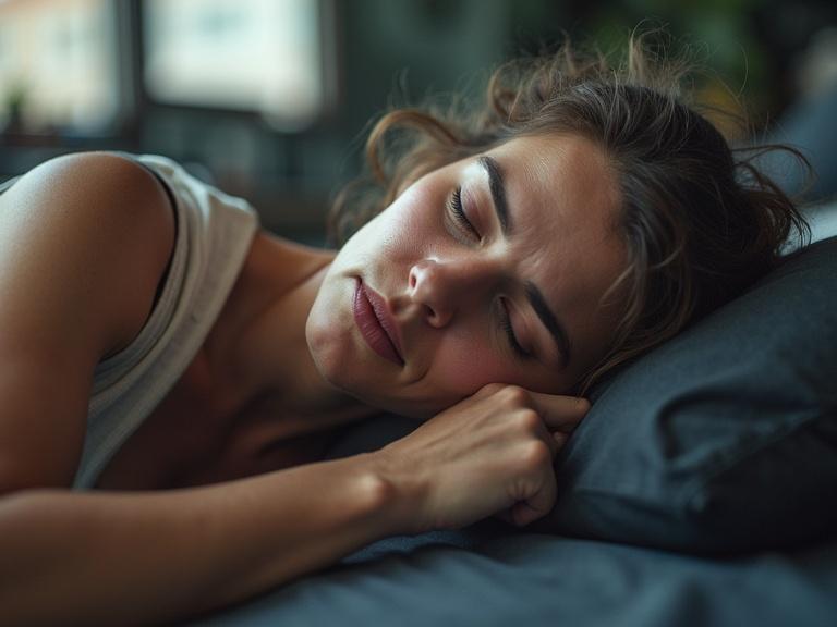 An exhausted person lying down on a bed clearly demonstrating the importance of rest after daily workouts. Soft lighting captures a moment of relaxation. The figure is comfortably positioned, suggesting a peaceful state of mind.