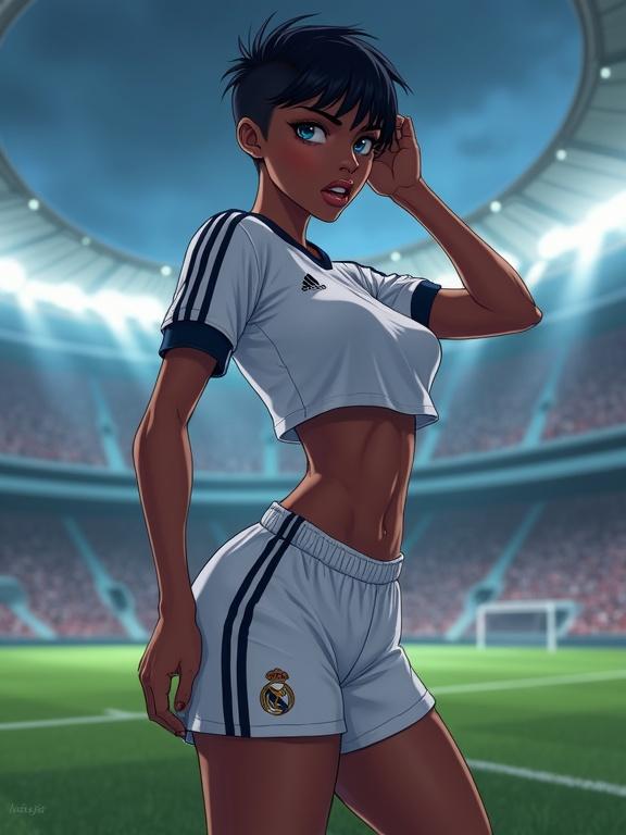 Digital anime illustration of a dark skin young woman in a Real Madrid jersey and shorts. She poses on the Santiago Bernabeu field with one hand on her hip and the other playing with her hair. The stadium architecture and floodlights create a dramatic atmosphere. Focus on her attractive features and sports attire.