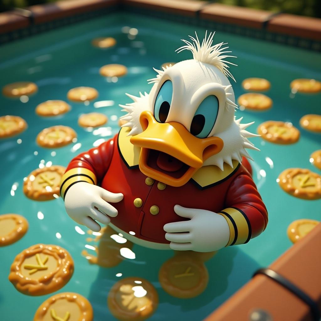 In a vibrant pool setting, Scrooge McDuck is joyfully swimming. Instead of gold coins, the pool is filled with delicious potato latkes. The character is wearing his iconic red coat and has a big, cheerful smile. The scene is bright and sunny, capturing a playful atmosphere. It creatively blends traditional food with a beloved animated character.