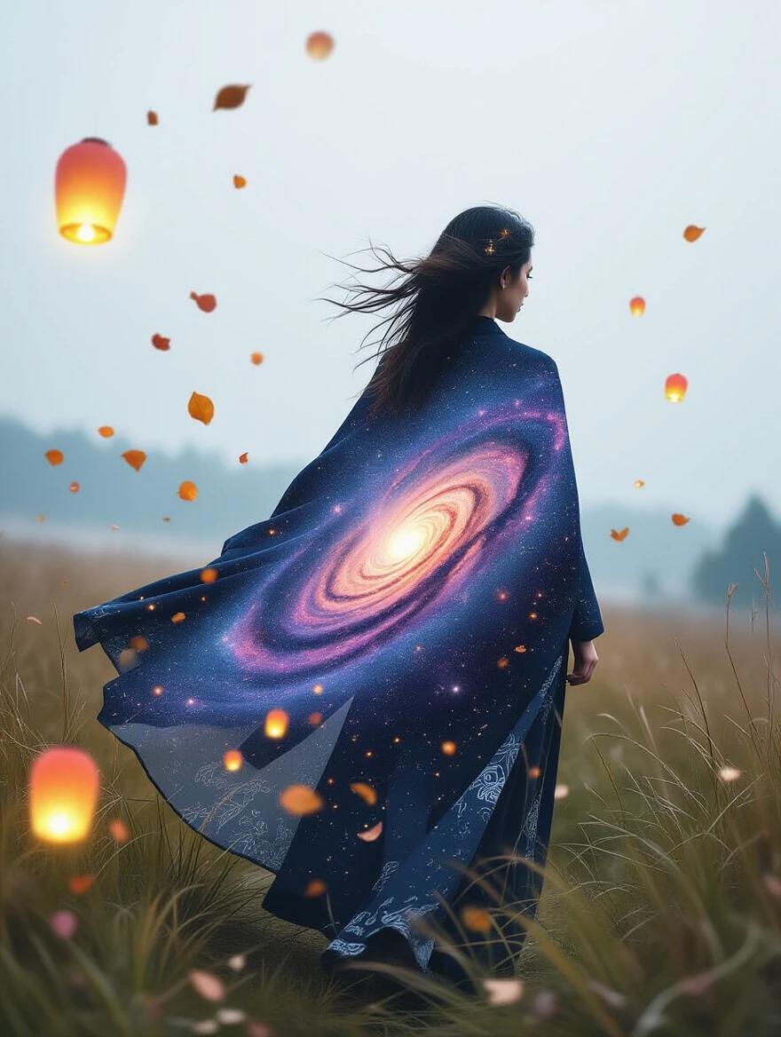 A woman stands in a landscape. Leaves float around while grass sways. Her body features swirling galaxies. Glowing lanterns hang nearby. The atmosphere feels surreal and mystical.
