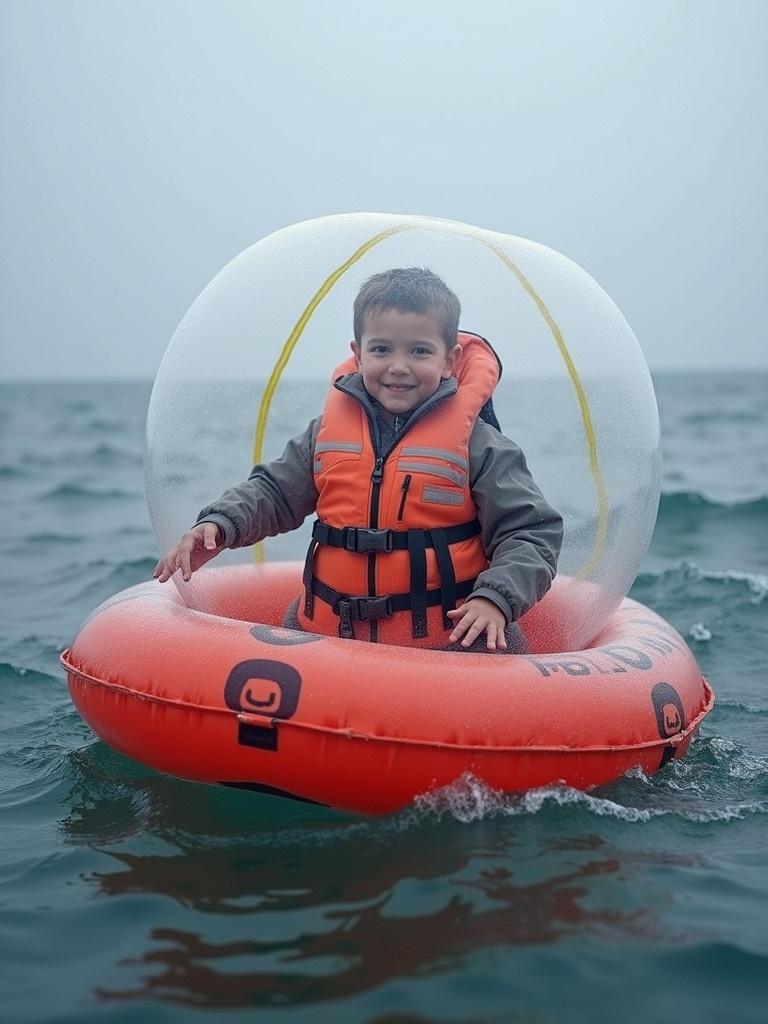 Boy in an inflatable bubble floating in the sea. The boy wears a life jacket. The image highlights ocean safety and adventure.