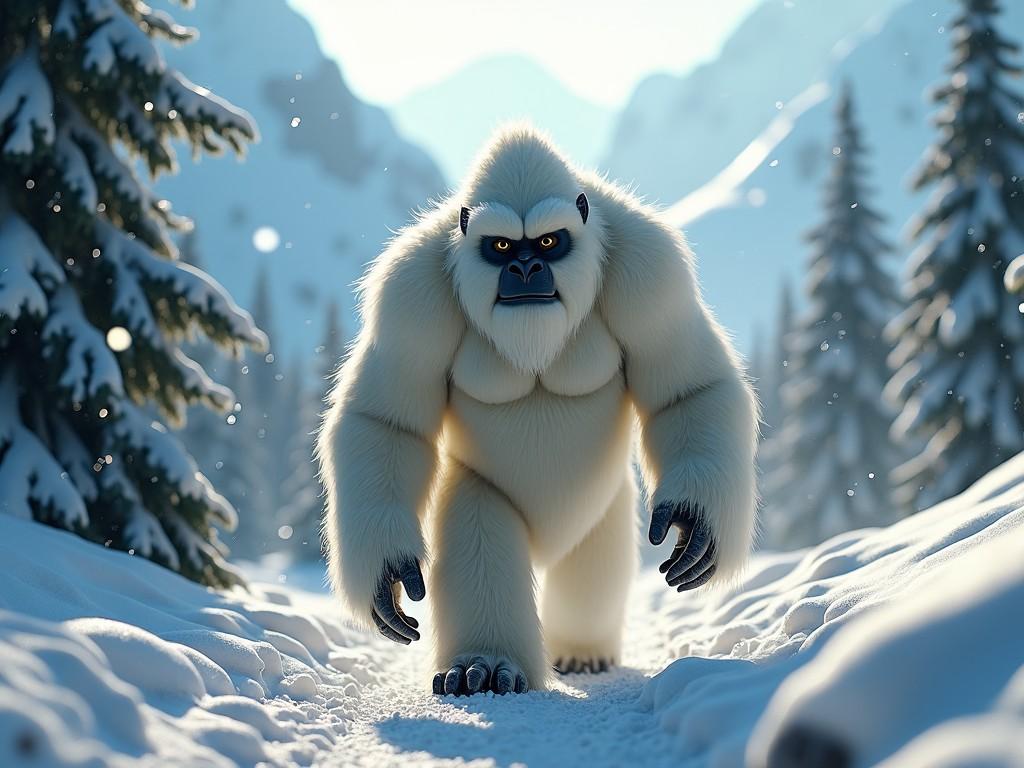 This image features a close-up shot of a yeti or abominable snowman walking through a snowy landscape. The creature is large and muscular, covered in fluffy white fur. Its face has a unique expression, showcasing dark eyes and prominent features, set against a backdrop of towering snow-capped mountains and evergreen trees. The ground is blanketed in fresh snow, reflecting the sunlight filtering through the branches. Snowflakes gently fall around, enhancing the winter atmosphere.