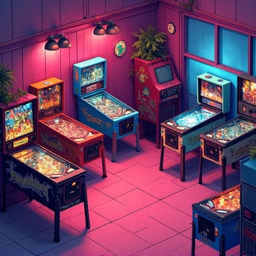Pinball gaming room features several pinball machines in an isometric layout. Colors are saturated and the style is blocky. The contrast is high.