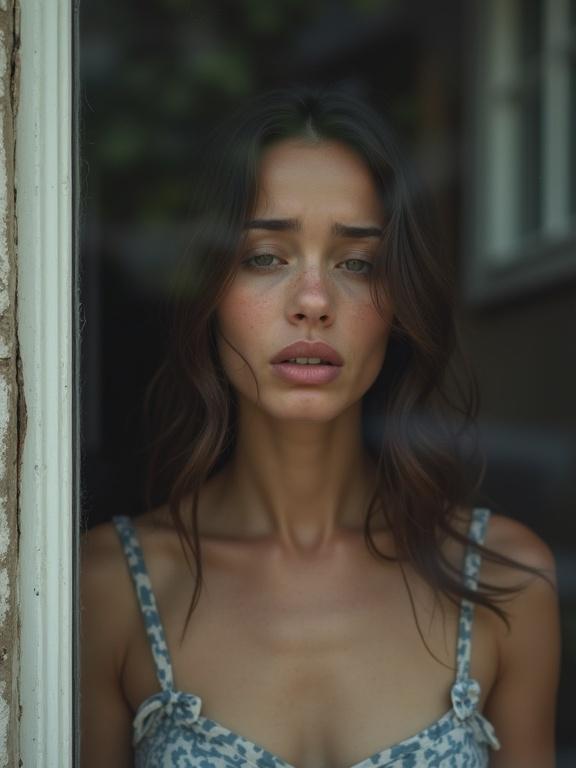 Photograph of a girl with a sad expression standing behind a window. The view is from the street. The girl has dark hair and a calm demeanor. She appears sorrowful or upset. The setting is during summer.