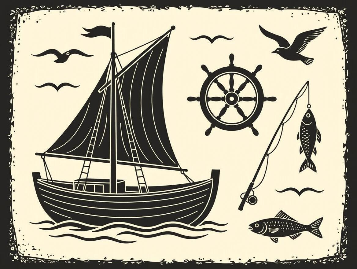 Simple black vector images depict small boat with one sail, steering wheel, fish, fishing rod, and seagull against white background. Design style resembles 1880s illustrations.