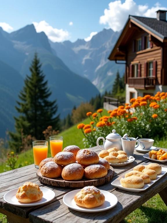 Stunning image captures a perfect mountain breakfast scene in picturesque alpine environment. Rustic outdoor table set with golden pastries, muffins, fresh fruit, and orange juice. Traditional wooden chalet nearby. Majestic mountain range in background with blue sky. Tranquility and natural beauty characterized the scene.