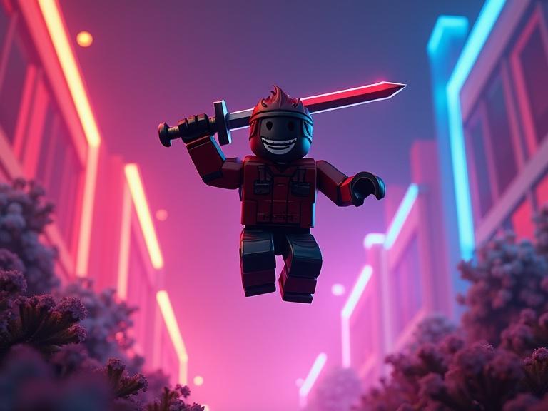 Roblox character performs an epic backflip. Character holds a sword. Neon-lit background with colorful lights. Legs are tucked up in the air. Captures motion and excitement in gaming.