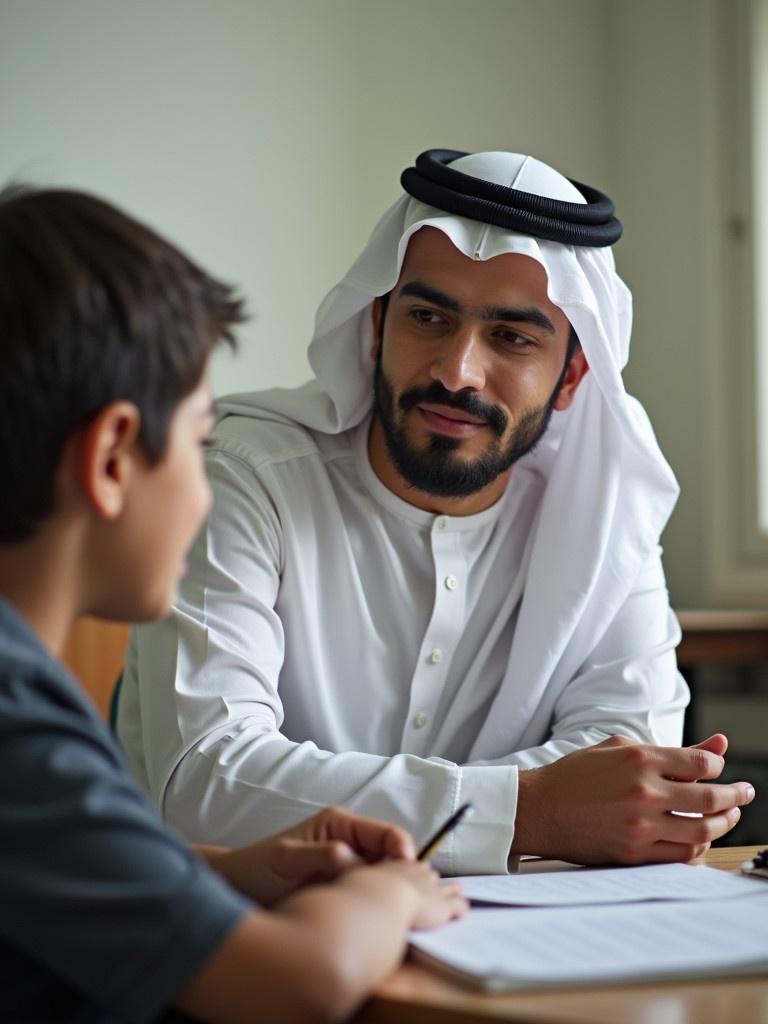 A teacher interacts with a student in a classroom setting. The teacher is dressed in traditional attire, and the student is participating in a discussion. The environment is bright and educational.