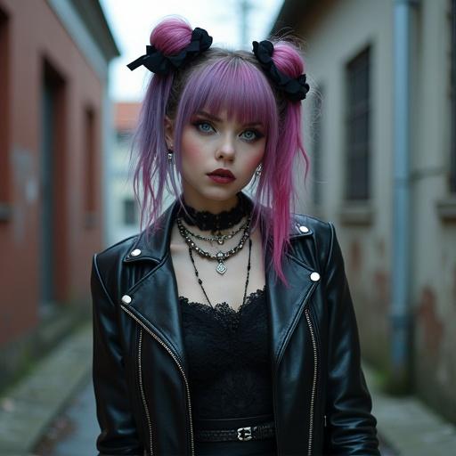 Generate a gothic punk woman. She is Eastern European. Her age is between twenty-one and twenty-two. She has beautiful blue eyes. Makeup is dark and pretty. Hair is colorful and tied with black ribbons in two loose buns. She stands in front of an alleyway. Outfit includes a black leather studded biker jacket and a knee-high lace dress. Hands display punk goth rings with a beautiful manicure.