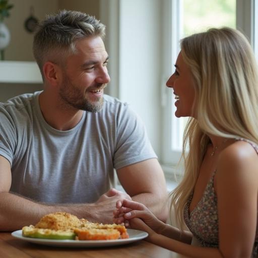 A clean shaven muscular man and a beautiful blonde woman are enjoying breakfast at a cozy nook. They are talking and laughing together. The man wears a muscle t-shirt and has short silver hair.