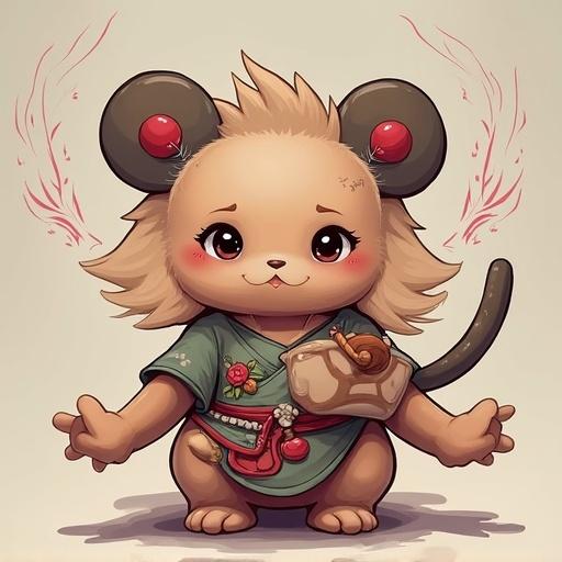 A cute character resembling a mix of a lion and mouse with large ears. Character wears a traditional outfit with a small satchel. Expression is friendly and inviting. Character is set against a simple light background. Visual elements suggest a playful fantasy theme.