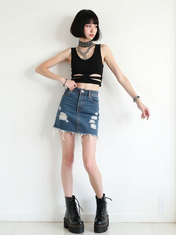 A woman poses in urban clothing. She wears a black sleeveless crop top and a distressed denim mini skirt. She has a black leather choker and a chunky silver necklace. Her black combat boots are stylish. She stands against a white background extending her right arm and resting her left hand on her thigh. Photo emphasizes modern streetwear style.
