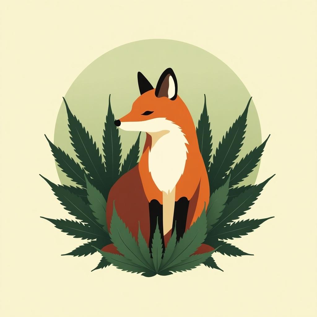 Minimalist design featuring fox silhouette surrounded by cannabis leaves. Earthy tones in the background add a natural vibe.