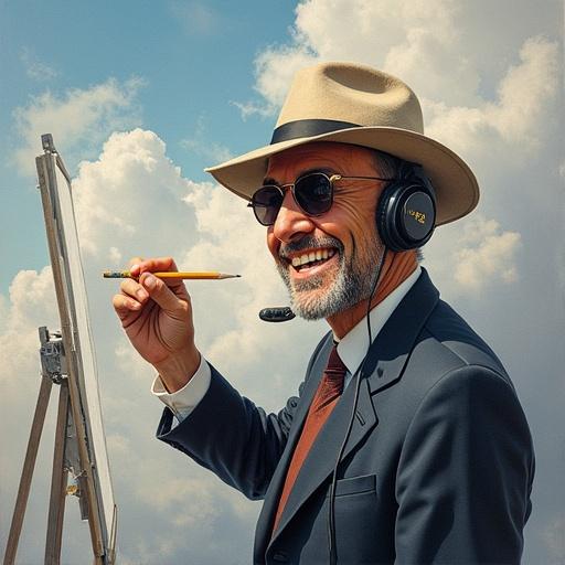A smiling man stands in front of a cloud-filled sky. He wears a suit and hat with sunglasses and a headset. He holds a pencil and draws on an unseen canvas. This is described in an abstract painting titled 'John Gray'.