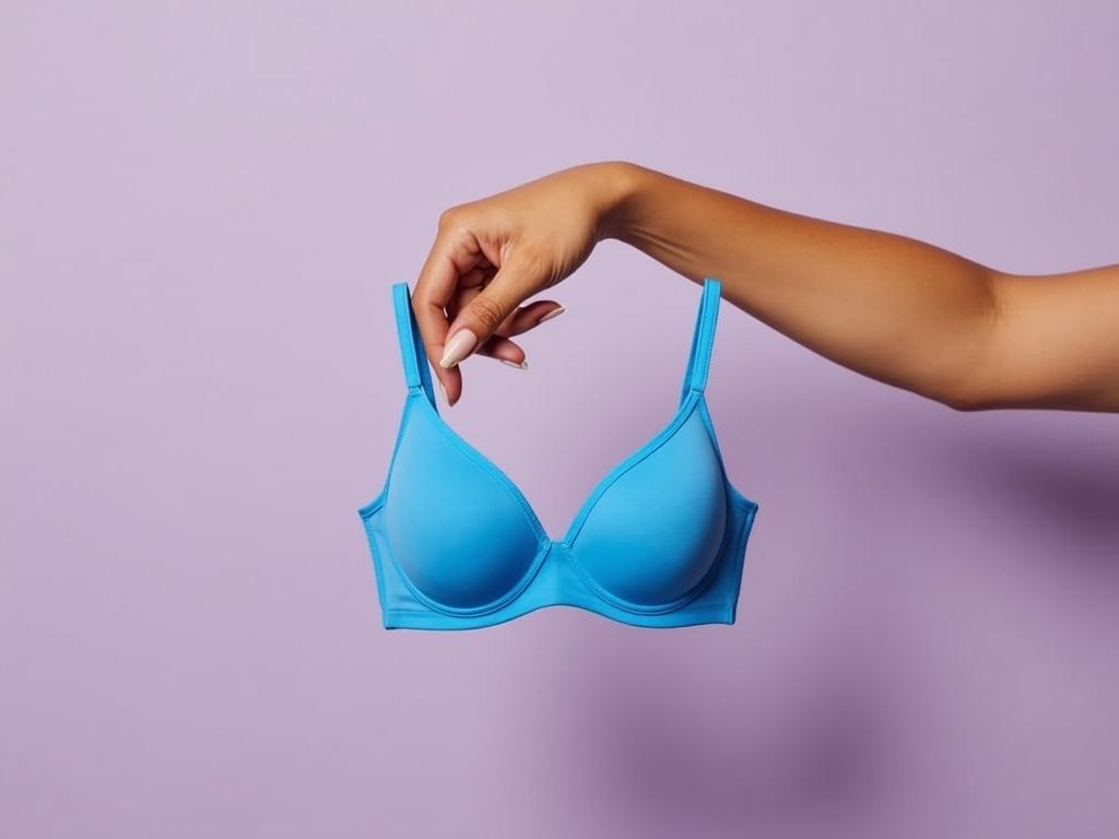 A hand, presumably female, with a light brown skin tone, is gracefully holding a bra, which is designed with smooth contours and a lightweight fabric. The bra retains its original structure but is now a vibrant blue, contrasted against a soft lavender background that complements the altered color scheme. The composition emphasizes the bra as the main subject, while the warm, diffused lighting enhances its features, highlighting the delicate fabric and sleek design.