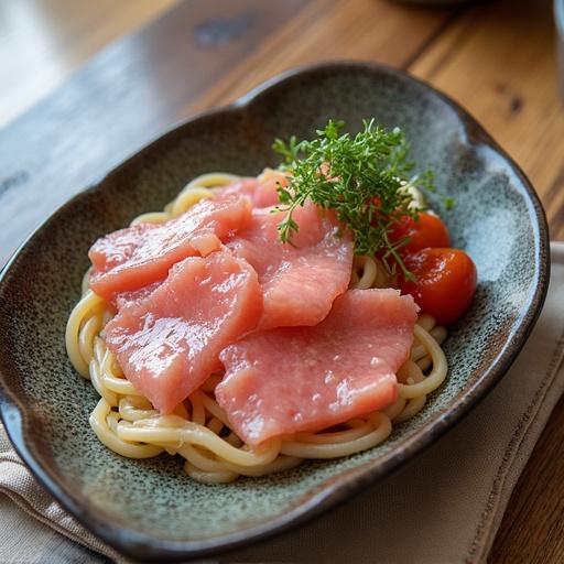 Image of a dish featuring noodles topped with sliced raw fish. Includes garnishes like cherry tomatoes and fresh herbs. Overhead view of a well-presented plate on a wooden surface.