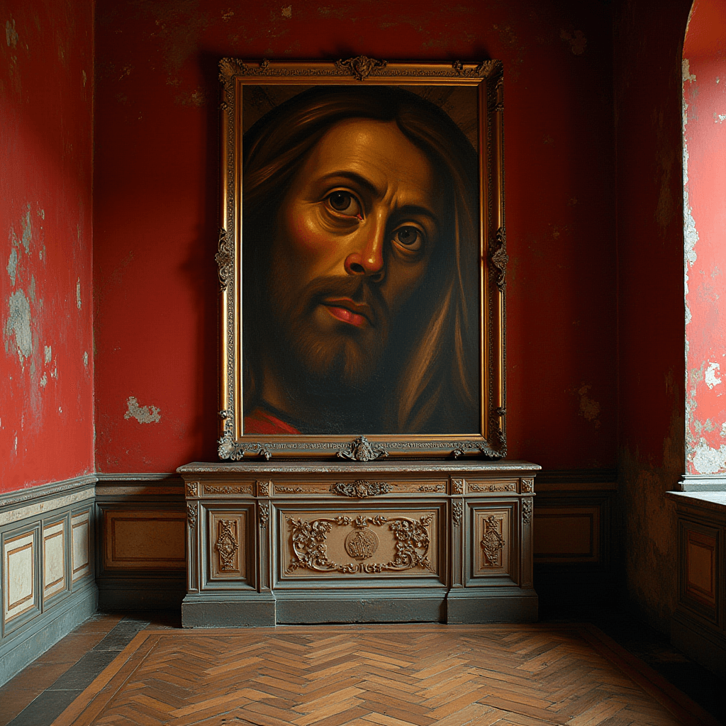 A grand portrait in a vintage frame adorns the wall of an opulently textured room with rich red walls and intricate wooden paneling.