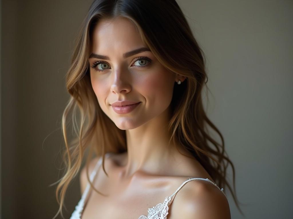 Portrait of a beautiful bride with long hair and small intricate lace dress. Emphasis on elegance and charm. Soft lighting illuminates the features.