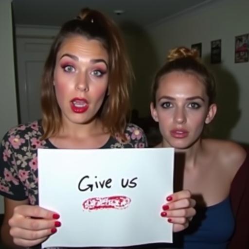 Dynamic CCTV footage of two young girls. One girl holds a paper written in lipstick saying 'Give us dares'. She has fake tan skin and heavy makeup. The other girl has a more plain appearance. They sit close together in a casual setting.
