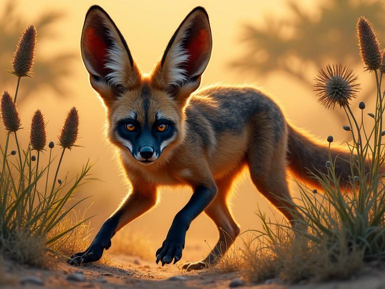 Realistic depiction of a bat-eared fox in an African savanna. Fox has big ears and a black mask. It is hunting, crouched among aloe plants and acacia trees. The scene is vibrant and textured in style with rich savanna colors and dramatic lighting.