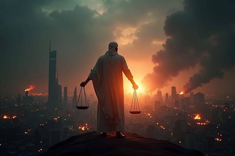 Modern cityscape under shadow. City shows signs of war and poverty. Figure of Hazrat Umar represents justice. He holds scales of justice. Light contrasts with darkness. Highly detailed 3D art.
