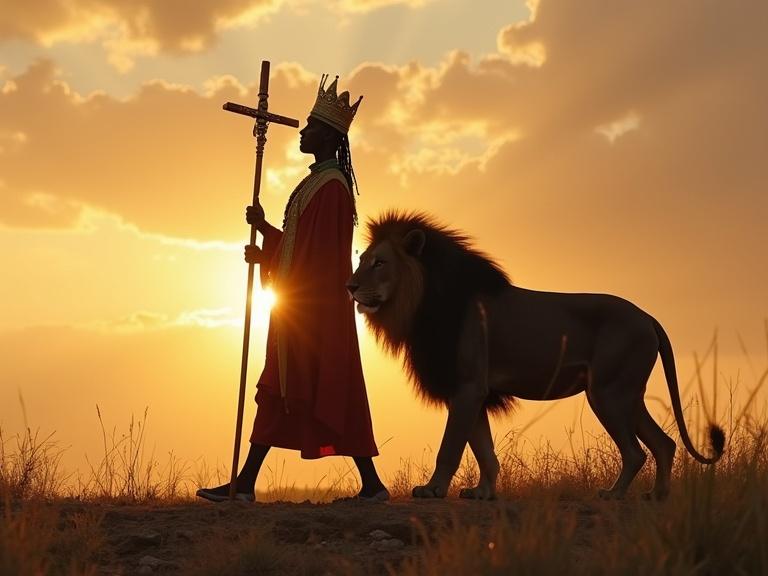 Ethiopian king walks across the African landscape. King holds a cross. A majestic black lion walks beside him. Scene set during sunset.
