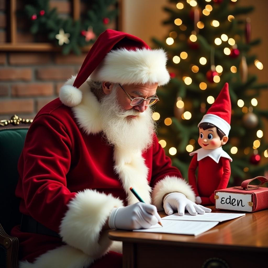 Santa Claus writes letters in a festive setting. An elf holds a sign labeled Eden. Holidays are celebrated. A cozy warm light fills the room. Christmas decorations are visible.