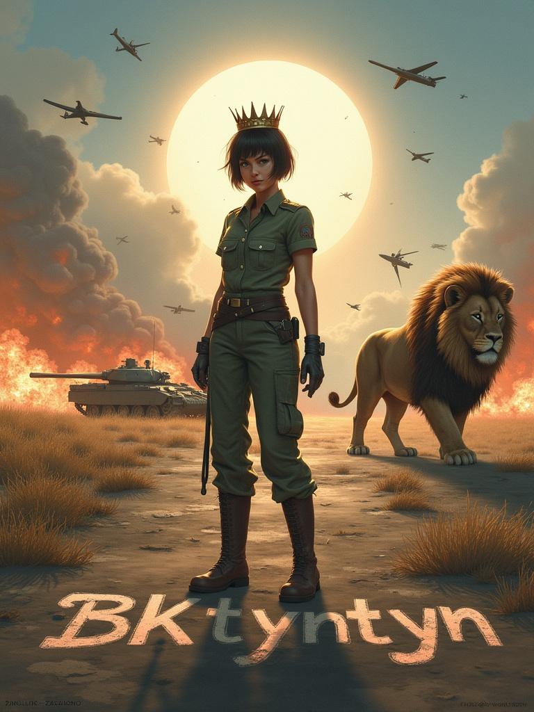 A fierce woman stands on an ethereal battlefield. Background contains tanks missile aircrafts. Fire and smoke fill the air with a huge sun in the sky. She wears an army uniform and has short black hair crowned with a crown. A fierce lion walks behind her. The name 'BKtyntyn' is written on the ground.