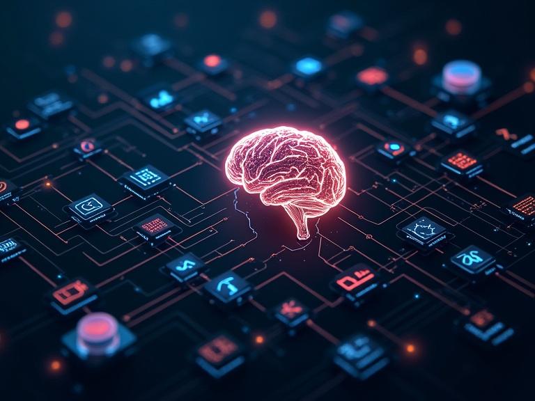 Futuristic mind-map featuring a glowing brain at its center. Branching paths radiate outward like a tree, highlighting logic steps in bright colors. Adjustable sliders and dials represent different parameters. Iterative loops depict refining prompts. Corner showcases creative exploration with vivid bursts. High-tech aesthetic with clean lines and glowing effects.