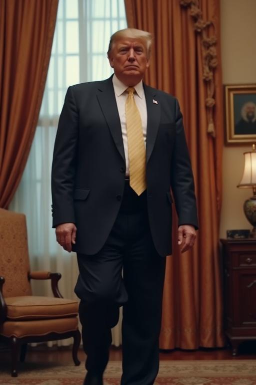 Man in business attire walking. Scene features orange curtains and vintage decor. Natural light coming from windows. Serious demeanor. Presidential setting.