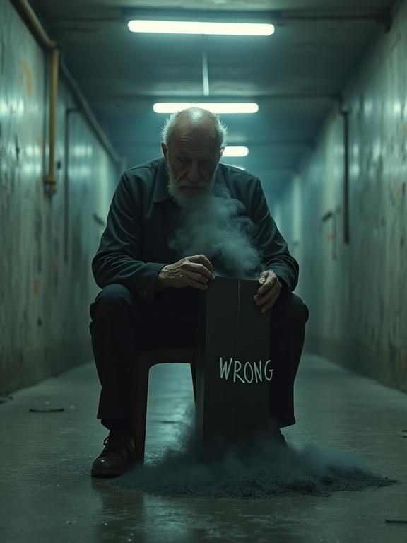 An old man sits hunched on a cracked plastic chair. The corridor is dimly lit and industrial. An open black milk carton is labeled 'WRONG'. Dark grey mist flows from the carton. The man gazes into the carton expressionlessly. Fluorescent lights flicker above. The background shows peeling paint and exposed wires. Zoom in on the carton and the mist for 10 seconds. Ambient surreal unsettling atmosphere.