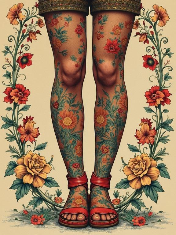 Digital artwork showcases split legs adorned with floral tattoos. The design blends haberdasherypunk, lineartpunk, and Bollywoodpunk styles. Inspired by Klimt and Amano. Detailed linework with vibrant colors.