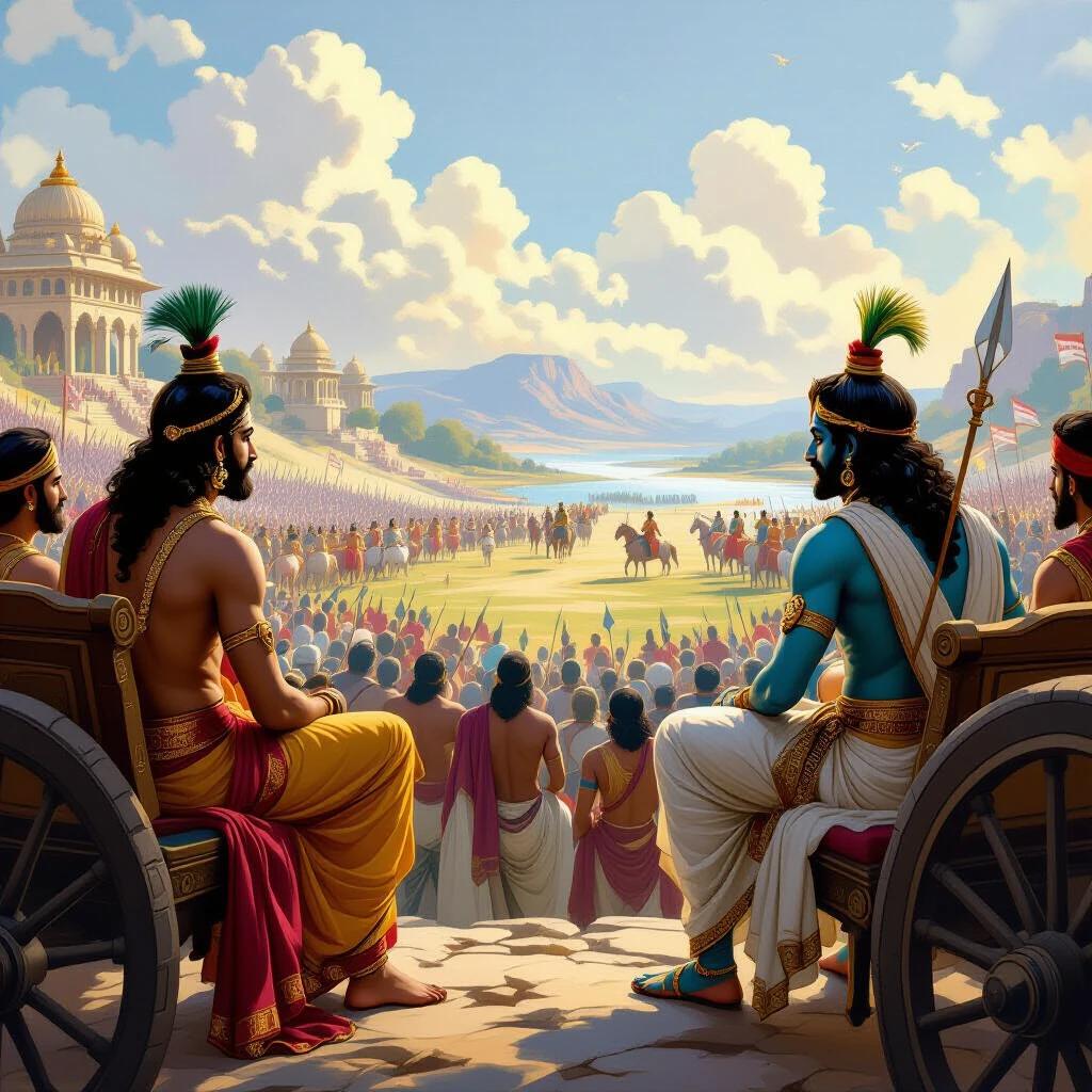 Arjuna and Krishna sit on a chariot observing the Kurukshetra battlefield. The scene is filled with soldiers gathered for battle. The landscape is vibrant with ancient architecture in the background. A respectful and contemplative atmosphere prevails as Krishna provides guidance to Arjuna.