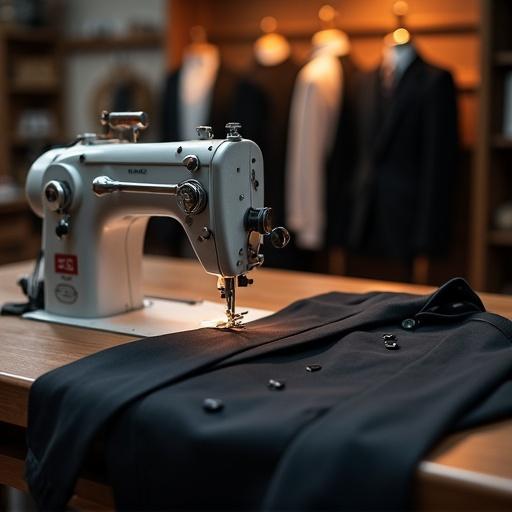 Sewing machine in a tailor's workshop. Black blazer fabric draped over the machine. Tailoring tools arranged around. Vertical orientation. Warm lighting creates a professional ambience.