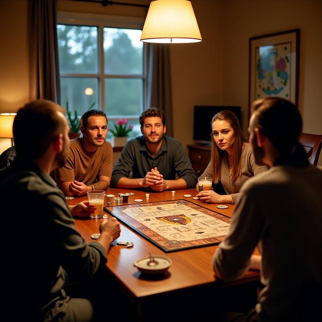 Group of friends sitting around a table playing a tabletop game named Mafia. Tension rising as they try to uncover a hidden criminal among them. Soft lighting creates a cozy atmosphere. Interaction among friends shows excitement but also a hint of fading interest in the game.