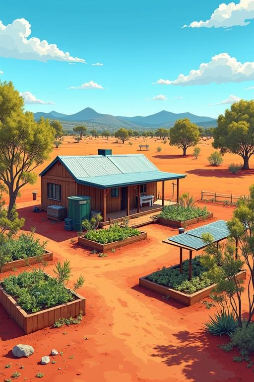 Vibrant illustration of Australian off-grid homestead in rural outback setting. Small timber cabin with metal roof. Surrounded by garden beds, rainwater tank, and solar panels. Clear landscape around cabin. Dry red soil with eucalyptus trees under blue sky. Semi-realistic style with labeled self-sufficiency elements.