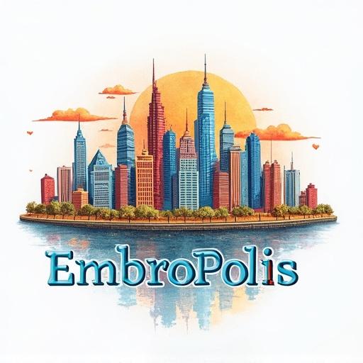 Logo features the name 'EmbroPolis' in a stylized font. City skyline is depicted in colorful machine embroidery style. Skyline represents modern megapolis. Trees are visible in the foreground. Sunset illuminates the scene providing warmth. Water reflection under the city adds depth to the logo.